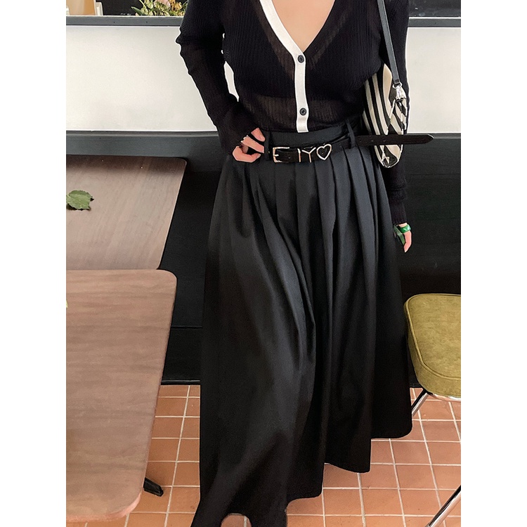 Chân Váy Xếp Ly Dài Tới Mắt Cá Chân Eo Cao Màu Xám Phong Cách Mới Dành Cho Bạn Nữ Studio