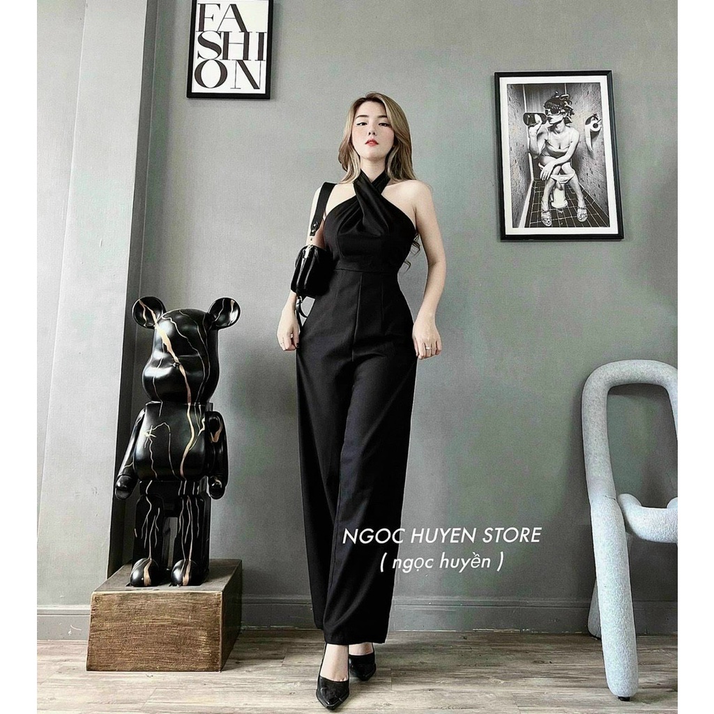 Jum cổ yếm quần ống rộng dài màu đen đi tiệc sang chảnh đan dây chéo chất vải cotton lạnh siêu đẹp