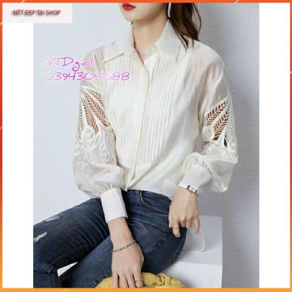 Hàng nhập - Áo sơ mi nữ xô phối ren hoa sang trọng, áo kiểu tay phồng công sở hay hay đi chơi đều đẹp