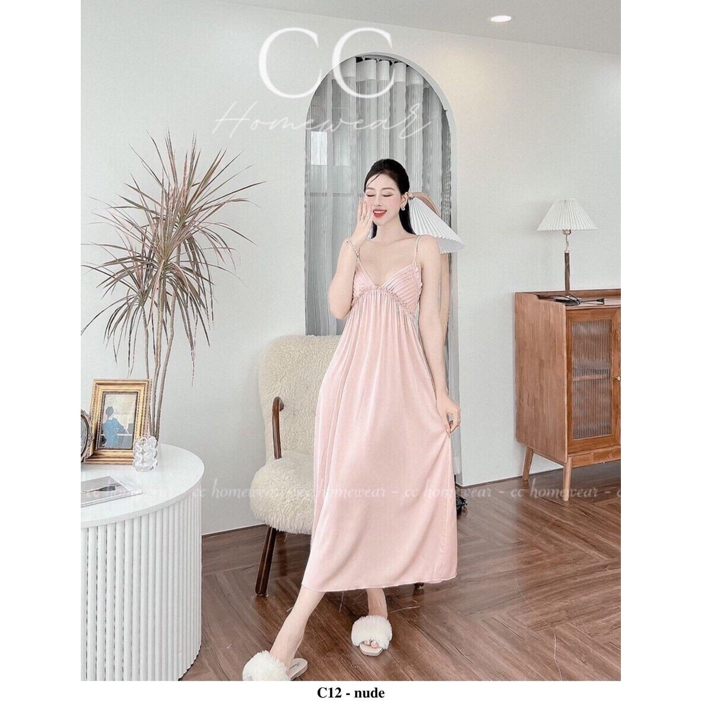 Đầm ngủ váy ngủ sexy C12 hàng hiệu CC HOMEWEAR dáng dài chất lụa maxi xếp li ngực