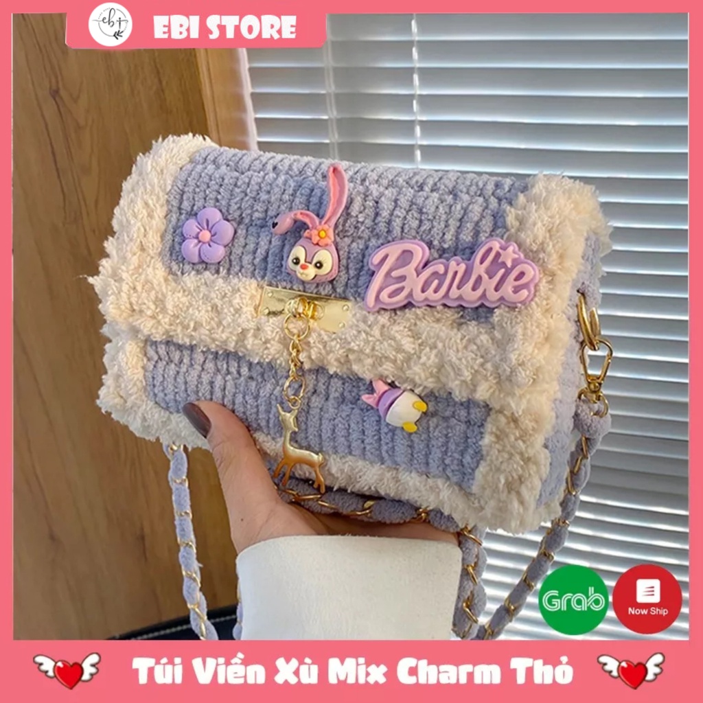 Túi Handmade, Set Nguyên Liệu Tự Đan Túi Len Viền Xù Mác Nai Mix Hình Charm Thỏ Barie Ngộ Nghĩnh Làm Quà Tặng Bạn Gái