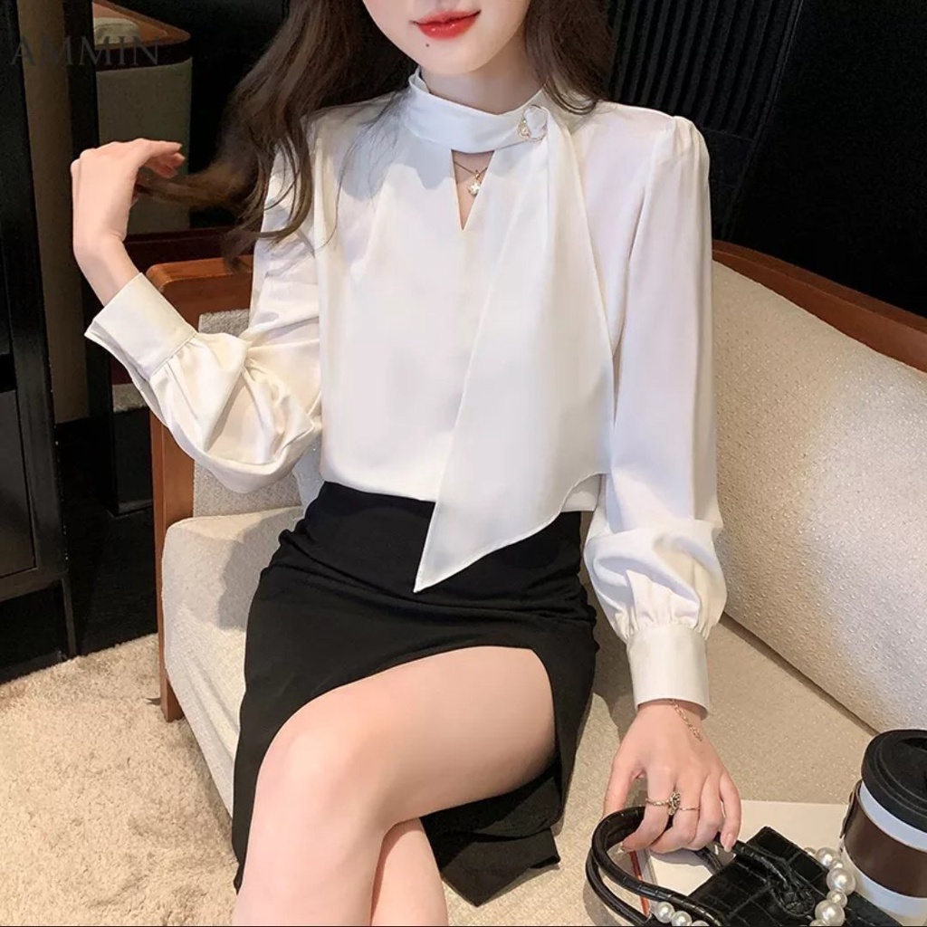 Áo Kiểu Sơ Mi Công Sở Phụ Kiện Nơ Cổ Tay Dài Phong Cách