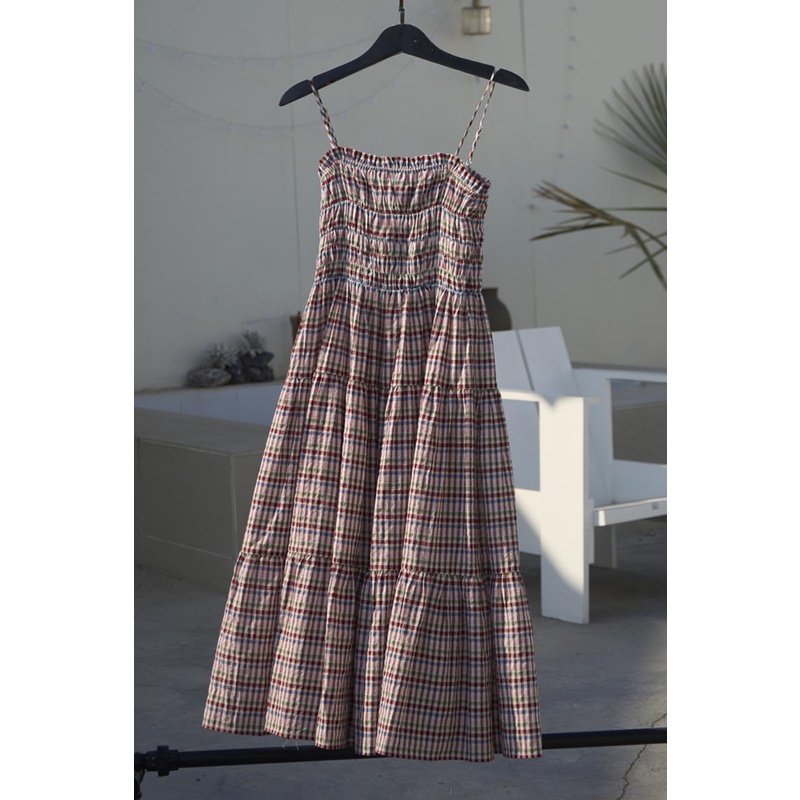 Đầm dây midi mocking thân trên xoè 3 tầng thời trang GAGO hoạ tiết caro xanh đen GG4287 GG4260