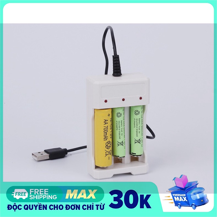 Bộ Sạc Pin Đa Năng 3 Khe Dùng Sạc Nhanh Cho Pin AA, AAA Nguồn Usb