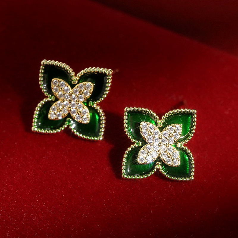 Bông Tai Hình Cỏ Bốn Lá Đính Đá Zircon Chất Lượng Cao Thời Trang Cho Nữ
