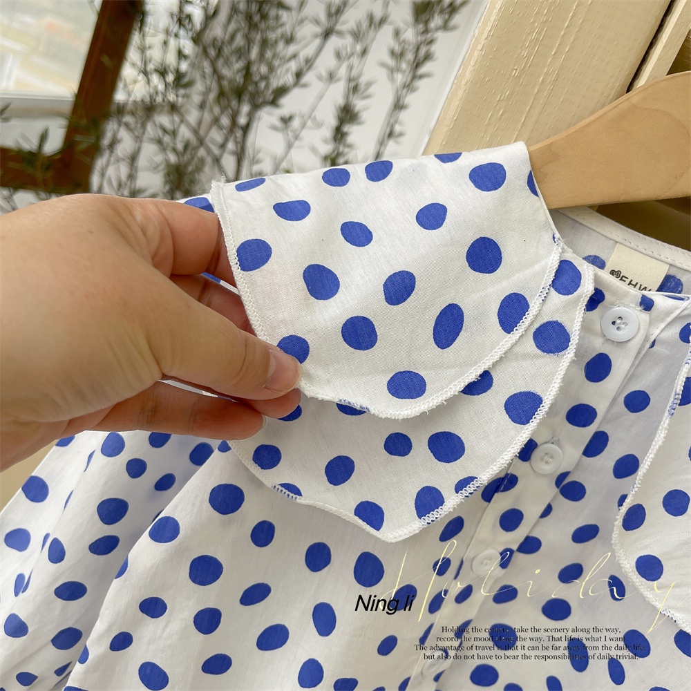 Áo Kiểu Dài Xuyên Thấu Phối Bèo Họa Tiết Chấm Bi Xinh Xắn Cho Bé Gái 1-6 Tuổi