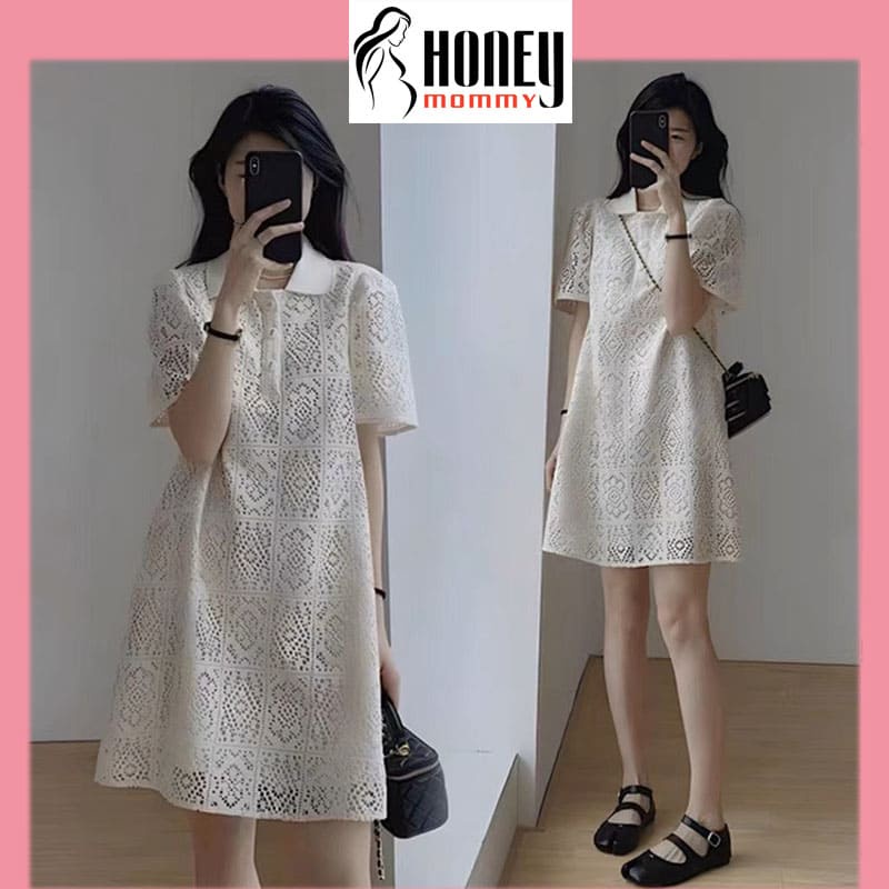 Đầm Bầu Váy Bầu Công Sở Dự Tiệc Dáng Suông Cổ Sơ Mi Chất Ren Cao Cấp HD2742 Honey Mommy