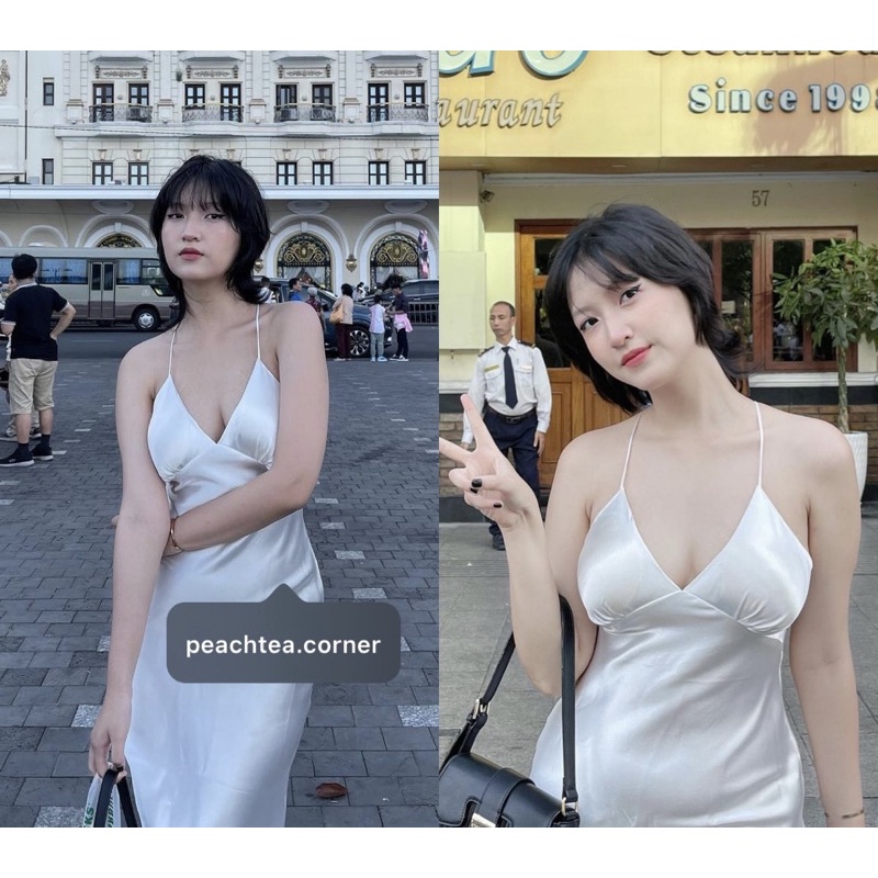 Freesize - Đầm lụa cổ V sẵn mút ngực, lưng xẻ sâu thắt dây tùy chỉnh - nhiều màu