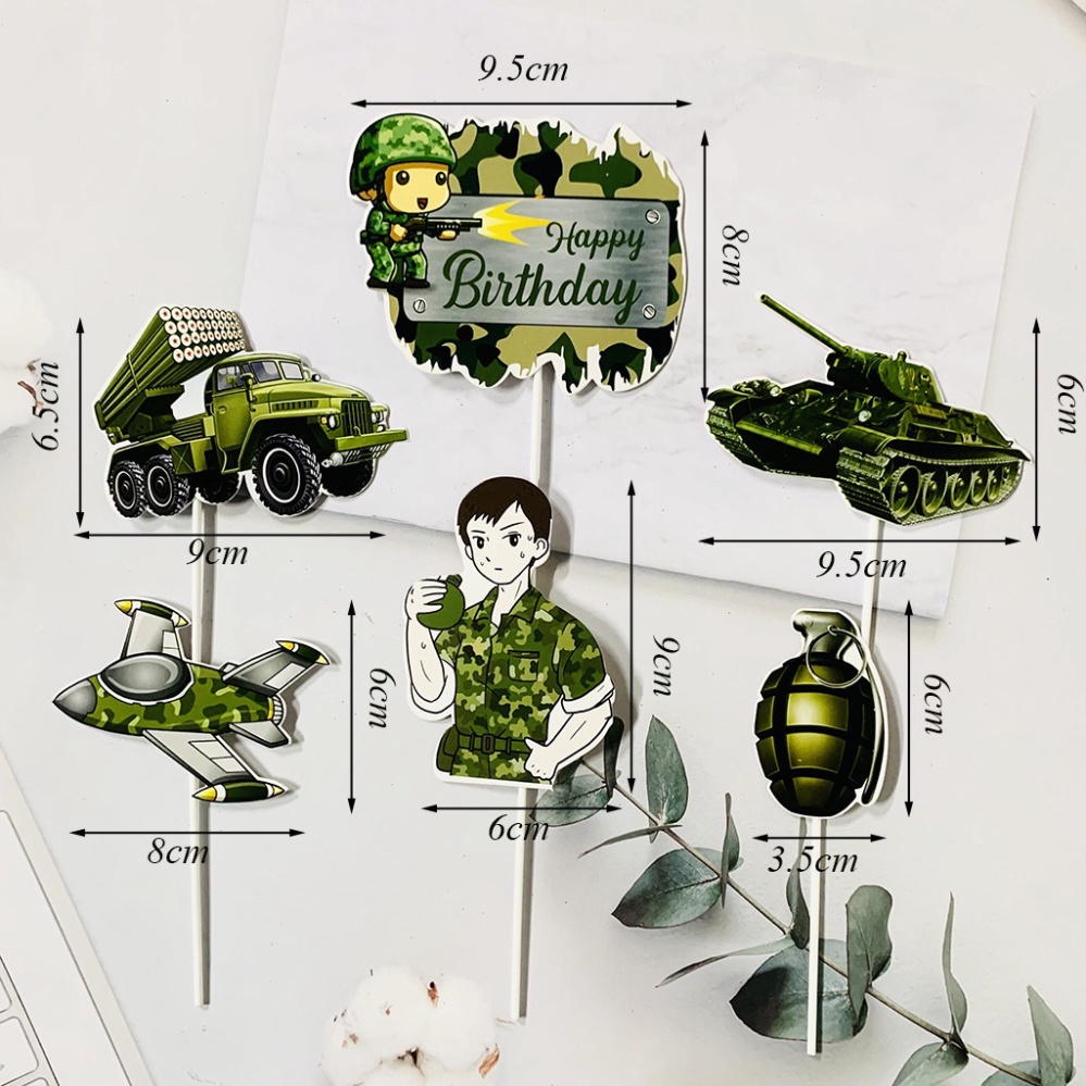 phụ kiện trang trí bánh kem [FREESHIP❤️]  6 thẻ cắm giấy chủ đề bộ đội