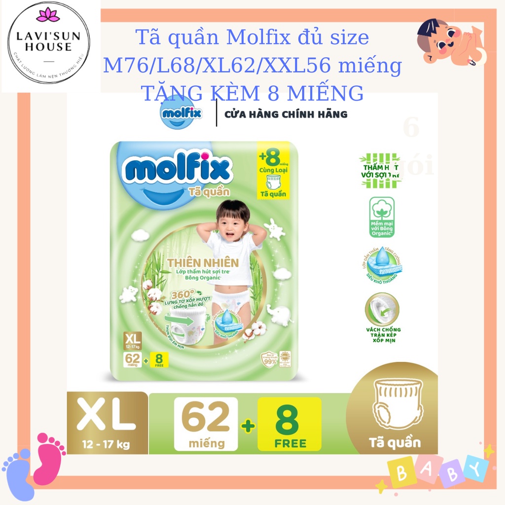 TÃ Quần Molfix Thiên nhiên M76+8 , L68+8 , XL62+8 , XXL56+8 bông tự nhiên Org  mẫu mới nhất GÓI LỚN NHẤT