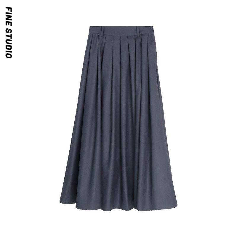 Chân Váy Xếp Ly Dài Tới Mắt Cá Chân Eo Cao Màu Xám Phong Cách Mới Dành Cho Bạn Nữ Studio