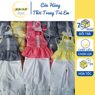 Set áo yếm xoè caro chất xốp cho bé gái 7-30kg phối quần lụa ống rộng