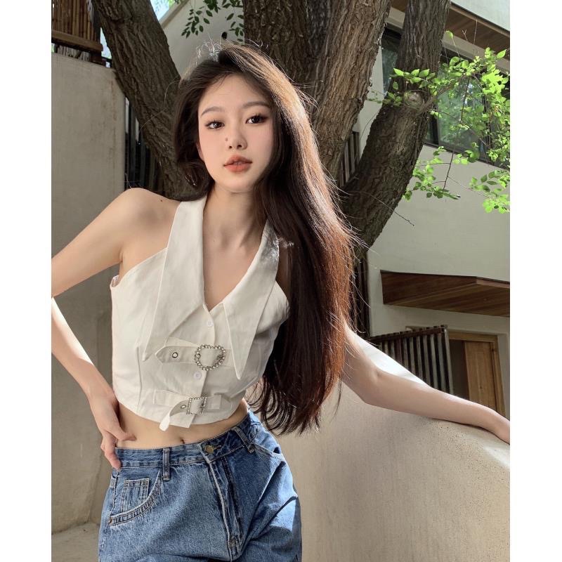 Áo sơ mi khoét nách dáng croptop thời trang nữ mùa hè