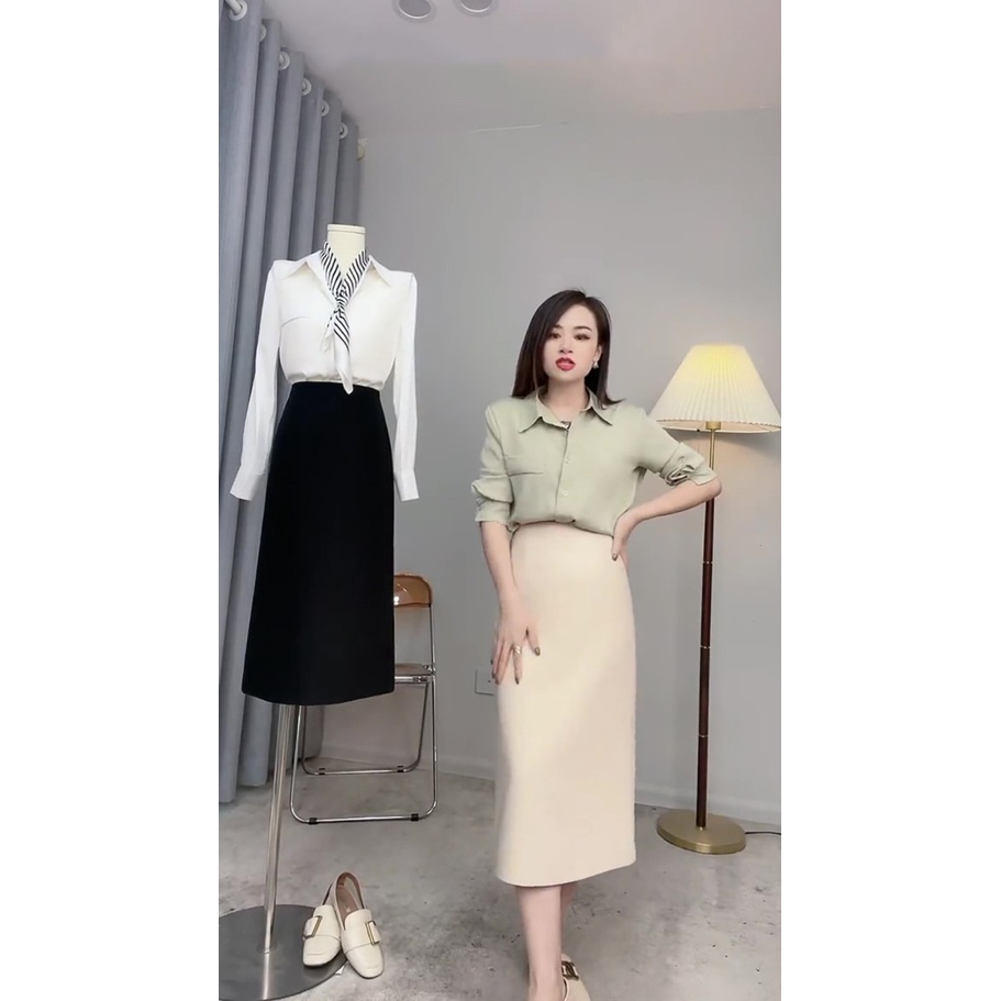 Chân váy dáng dài 2 lớp có túi sườn Chân váy chữ A công sở dài 70cm có xẻ sau - CV03