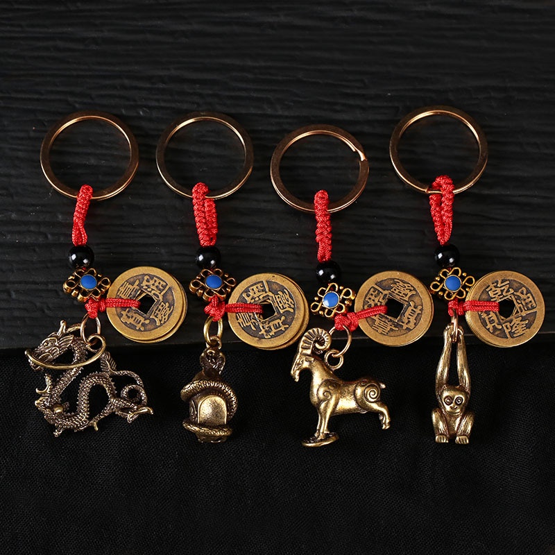 Móc khóa đồng thau độc lạ may mắn phong thủy đẹp hình xu ngũ hoàng Mèo thần tài phong cách sưu tầm độc đáo bền