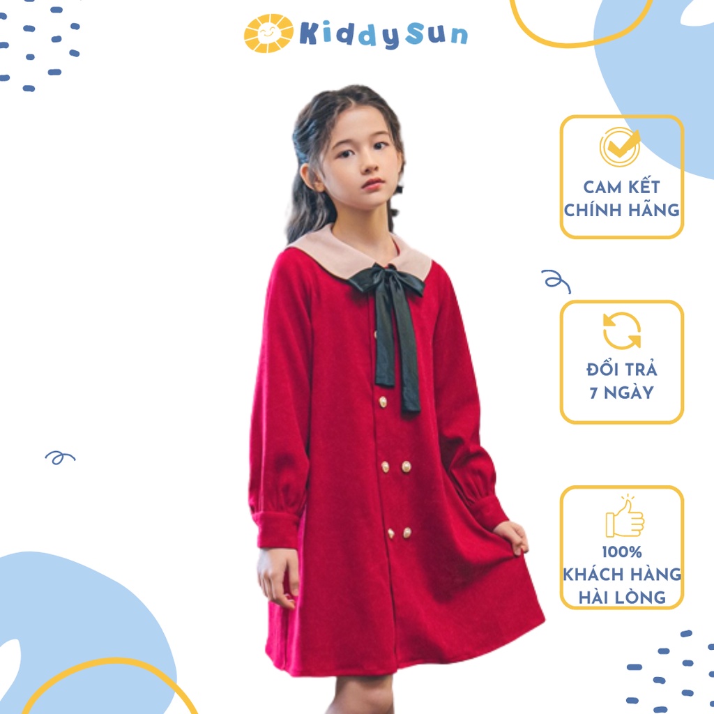 Váy bé gái KIDDY SUN đỏ cổ nơ đen công chúa xinh đẹp cho trẻ em gái từ 2,3,4,5,6,7,8,9,10,11,12 tuổi [V334]