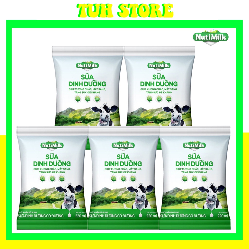Combo 5 Bịch Sữa tươi 100 điểm có đường NutiMilk 220ml/bịch-TUH