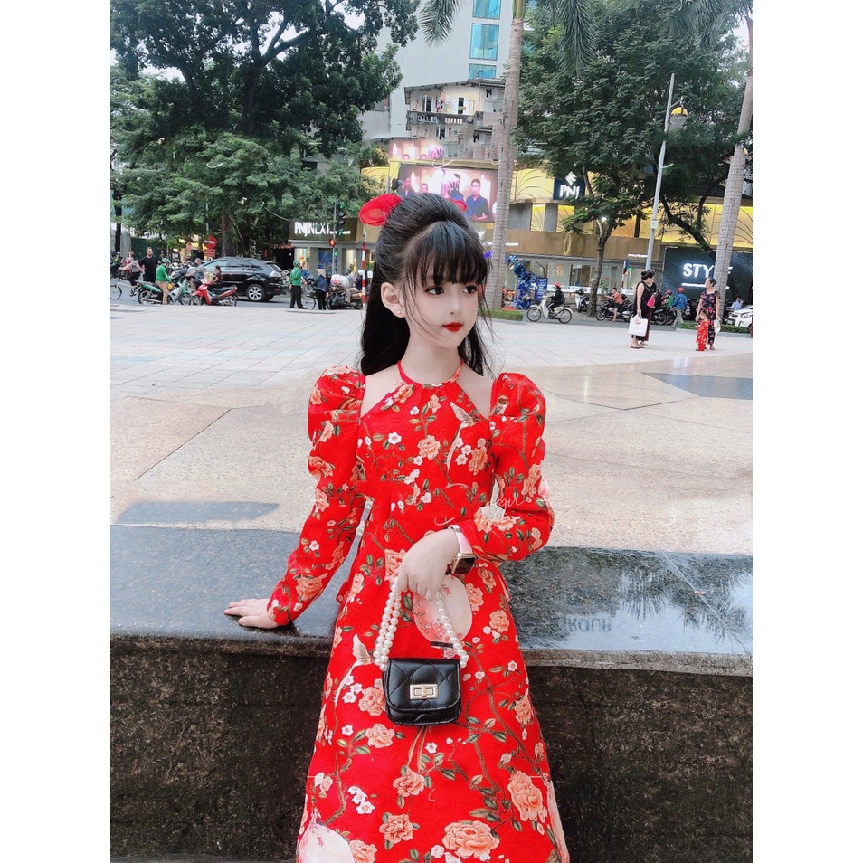 Áo dài cổ yếm họa tiết hoa cho bé gái 10-22kg Chanh Bé