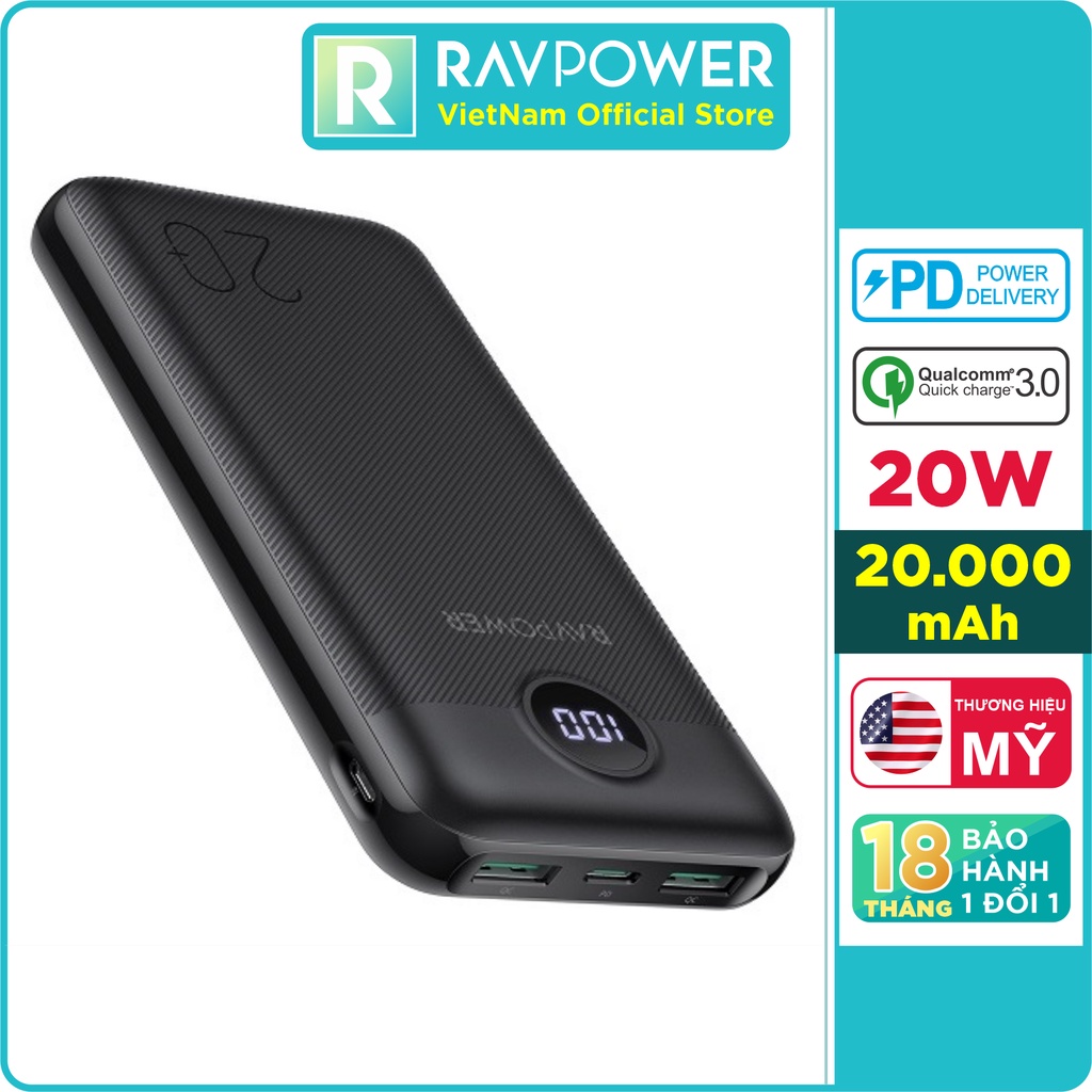 Pin Sạc Dự Phòng 20000mAh Sạc Nhanh PD 20W QC 18W RAVPower RP-PB1205 - Hàng Chính Hãng