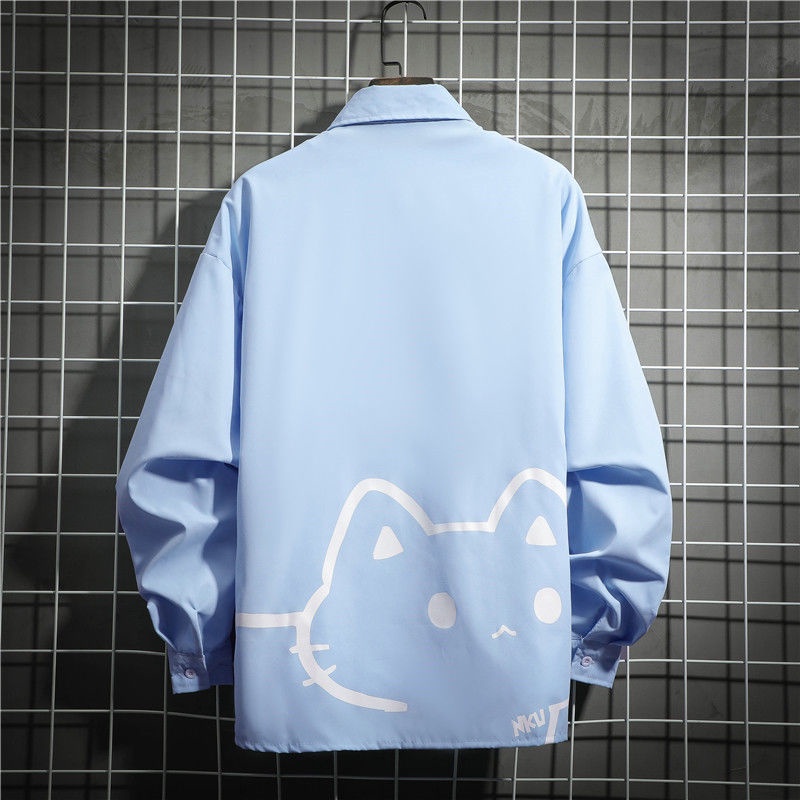 Áo Khoác Sơ Mi Tay Dài Dáng Rộng In Hình Mèo Kiểu Nhật Bản Dễ Phối Đồ Thời Trang Cho Cặp Đôi