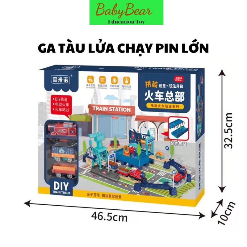 Đồ chơi lắp ráp ga xe lửa điện DIY lớn chạy pin có cần cẩu hàng đẹp giúp bé phát triện vận động, luyện tập tư duy