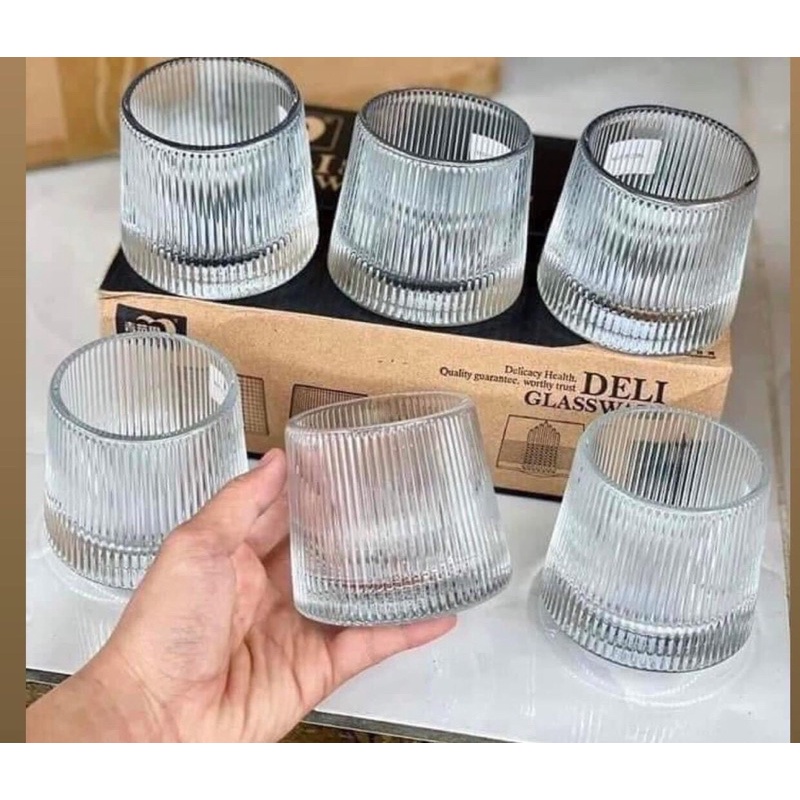 Bộ 6 cốc thủy tinh, ly uống rượu, cốc chịu nhiệt đế lồi xoay 360 độ