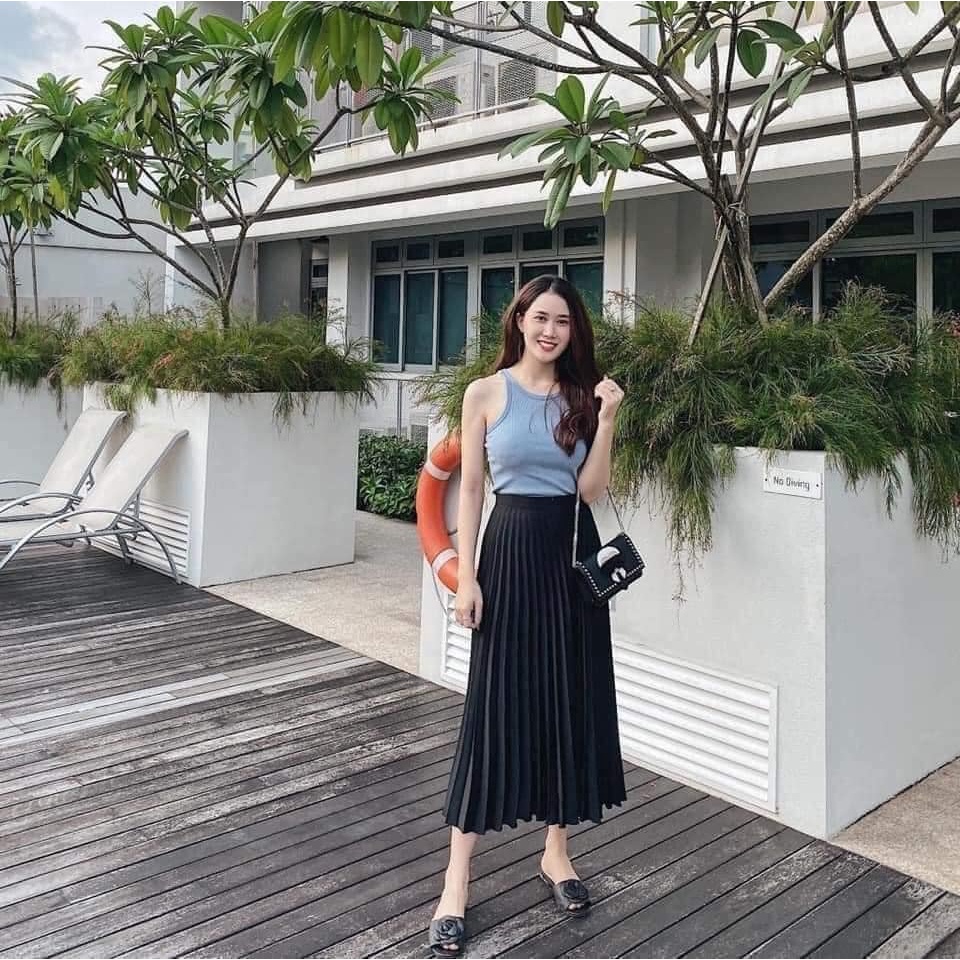 Chân váy midi Vero xếp ly dáng dài xòe quạt vải cao cấp mềm không nhăn  chiều dài 80cm