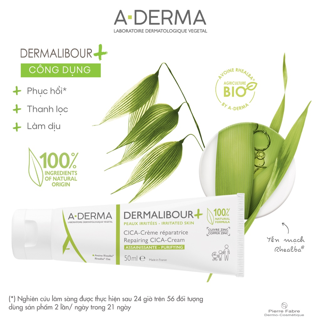 ADERMA Dermalibour Plus Repairing Cream 50mL - Kem Phục Hồi, Làm Dịu Da Và Kháng Khuẩn.