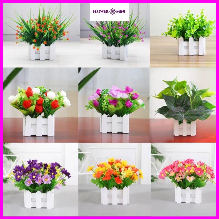 Giỏ hoa giả hàng rào gỗ 10cm cắm sẵn nhiều mẫu để bàn trang trí phòng khách, kệ tủ, giá sách tươi sáng Flowermini