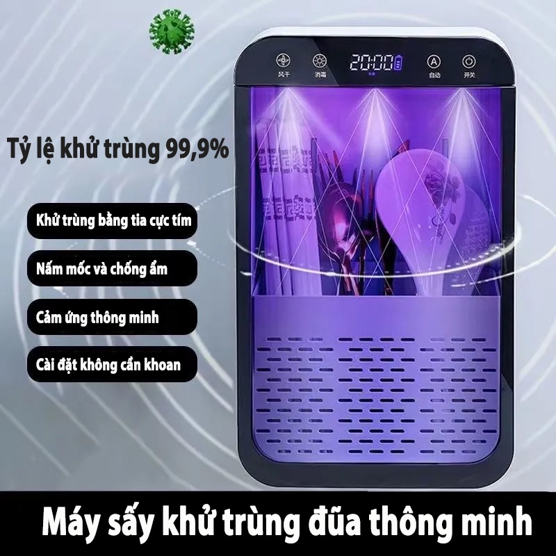 Máy đựng đũa thông minh tiệt trùng lồng đũa sấy lồng Kệ khử khuẩn đũa thìa dán tường có cức năng tia UV chống nấm ẩm mốc