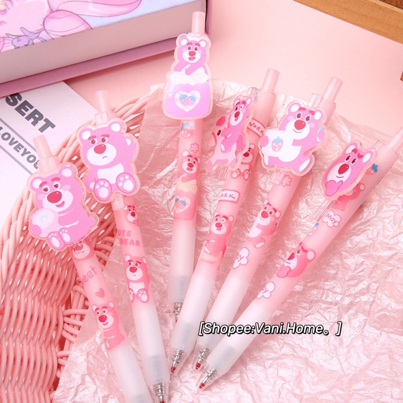 Viết mực dễ thương hình gấu dâu Lotso Hồng Nhạt cho học sinh, sunh viên - Bút mực gel màu đen Gấu hồng Losto ngòi 0.5mm