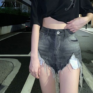 Quần short jeans lưng cao phối vết rách cá tính cho nữ
