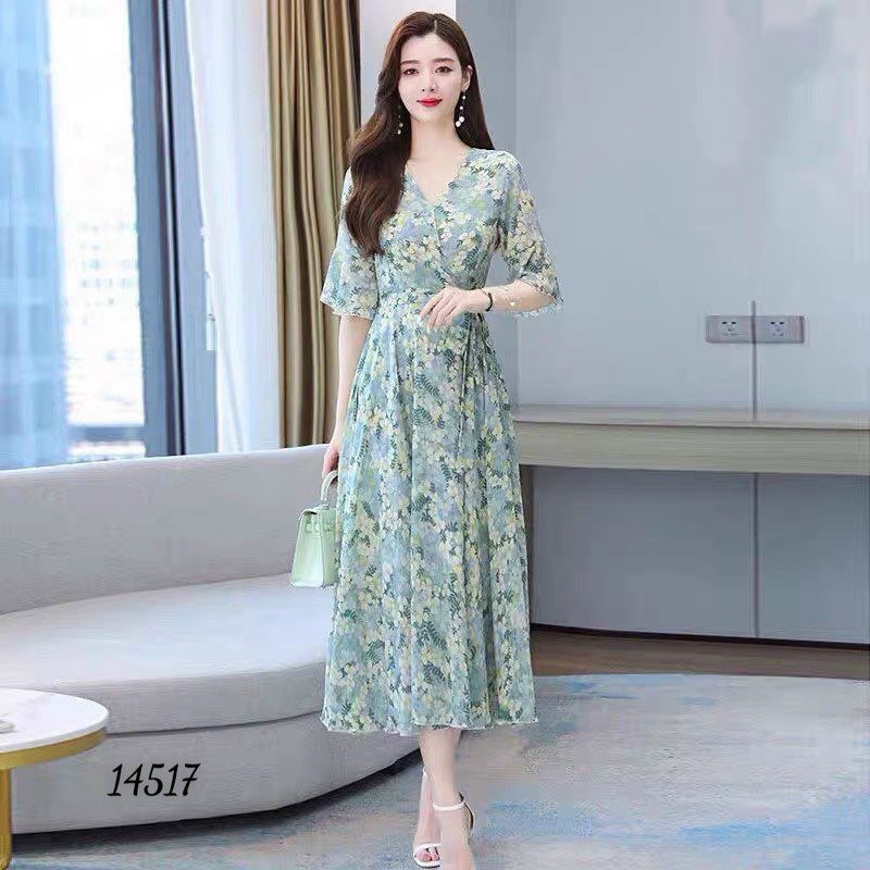 Đầm voan hoa sang trọng cho mẹ bigsize thiết kế dáng xòe đẹp cao cấp dự tiệc HN24