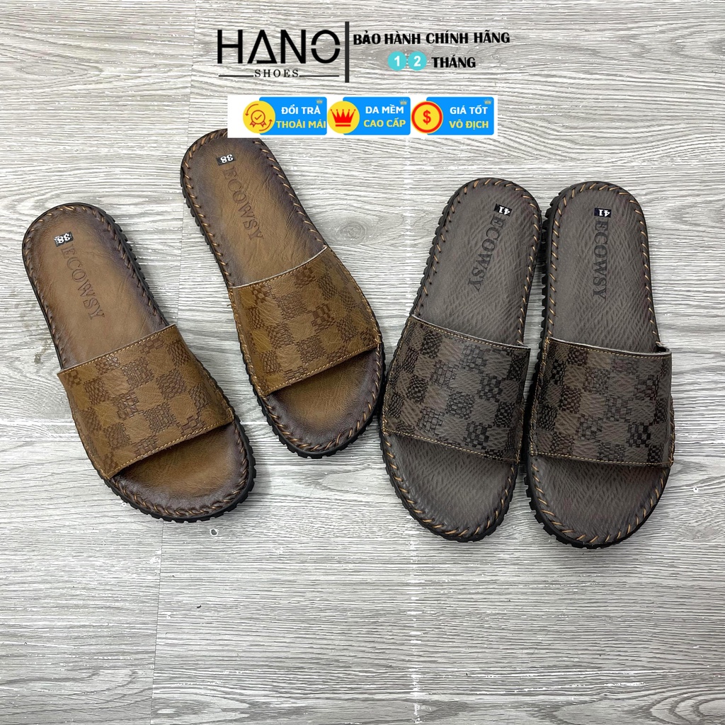 Dép da nam bản ngang Phối ô Viền chỉ da bò thật Đế êm Khâu xịn
