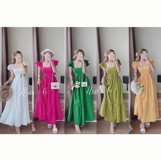 Đầm maxi khoét eo bèo vai cột nơ lưng