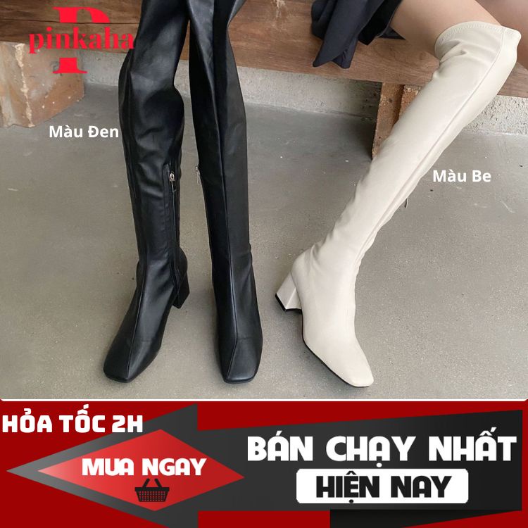 (HàngSẵn) bốt đùi da mềm trên gối cá tính Quảng Châu cao cấp đế 6p gót vuông boot ulzzang chuẩn size