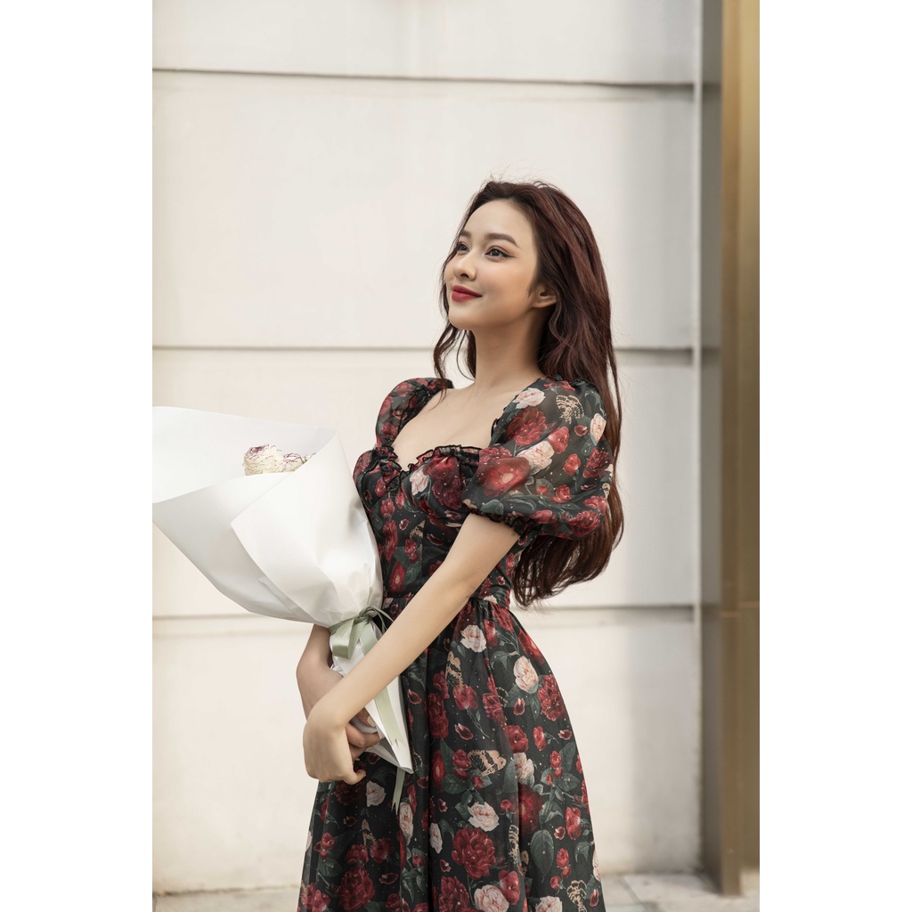 Váy nhún bèo chất liệu tơ in hoa The Peachy- Barbie Dress