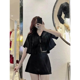 Set áo sơ mi cột nơ chân váy ngắn ( có lót) mô