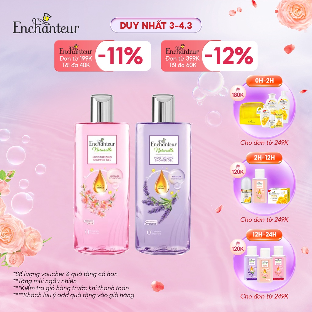 Combo Sữa tắm dưỡng da Enchanteur Naturelle hương hoa Lavender và Iris 260gr/Chai