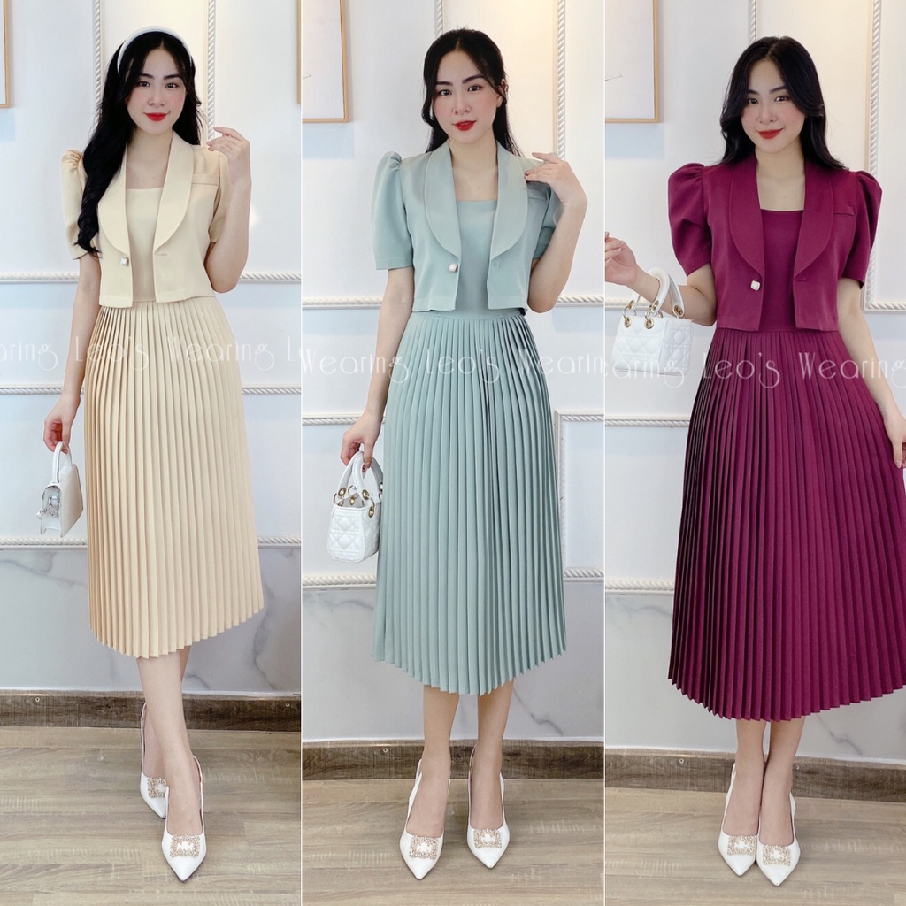 Set đầm 2s xếp li mix áo khoác cổ sen tay phồng LEOSWEARING A206