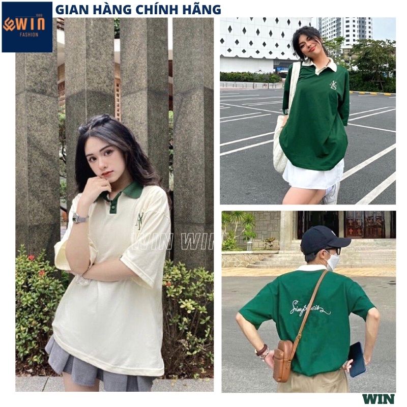 Áo polo XANH TRẮNG cổ sơ mi thêu chữ chất cá sấu cotton cao cấp, Áo thun nam nữ unisex cổ bẻ form rộng thể thao - WIN