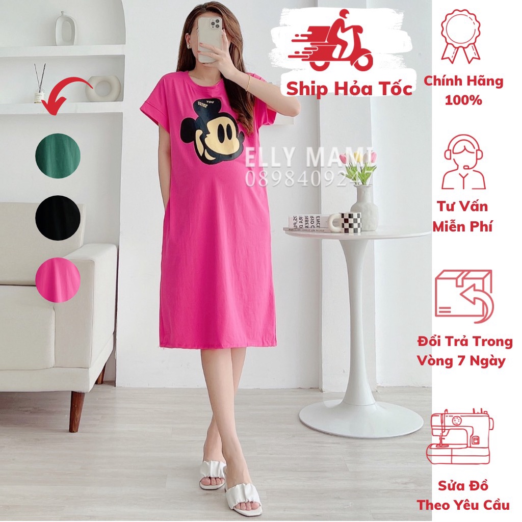 ( 40kg - 65kg ) Đầm Thun Bầu , Suông Hình Mickey Nhiều Màu Form Dễ Mặc Thoải Mái Suốt Thai Kì & Sau Sinh