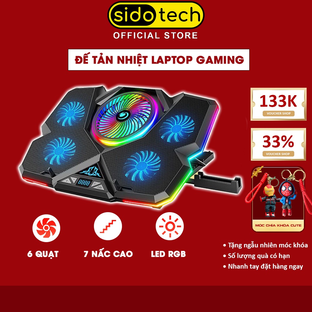 Đế tản nhiệt laptop SIDOTECH ICE COOLER 5 quạt lớn làm mát nhanh chống ồn đèn 12 chế độ LED gaming trang bị màn hình LCD