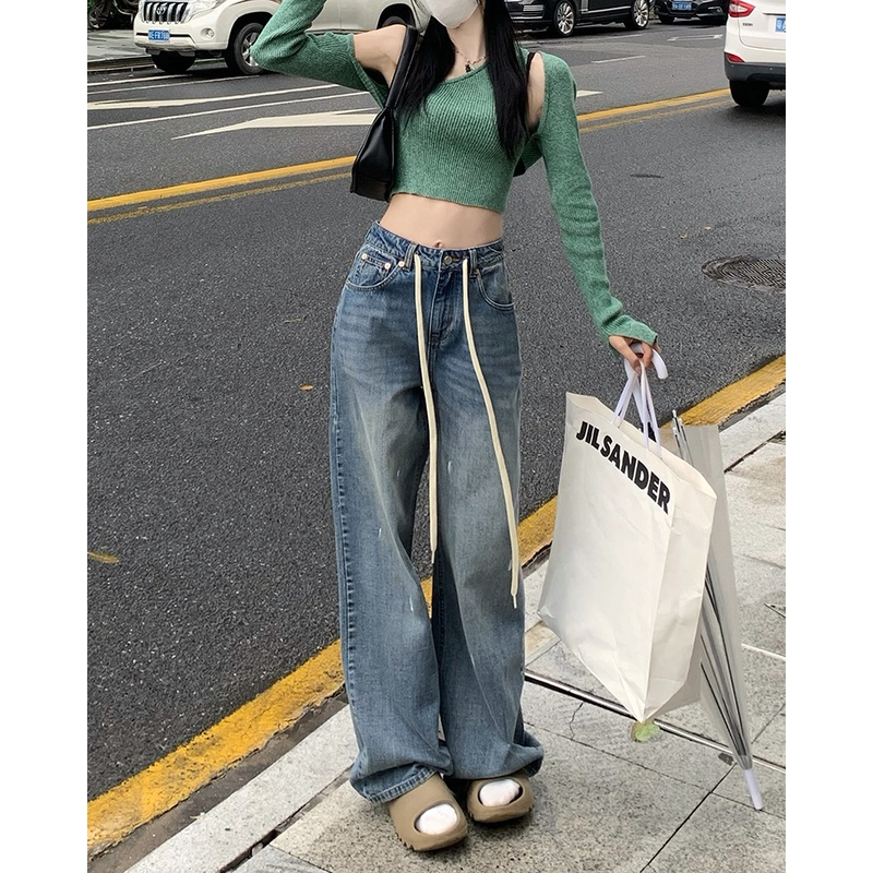 Quần Jeans Denim Ống Rộng Dáng Suông Lưng Cao Có Dây Rút Phong Cách Hàn Dễ Phối Đồ Cực Đẹp Hottrend 2023