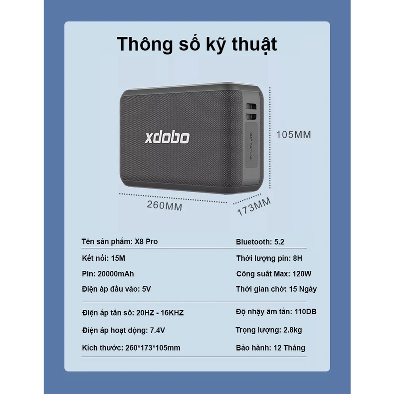 Loa Karaoke Bluetooth 5.2 Xdobo X8 Pro công suất 120W, Chống nước IPX5, Loa Siêu Trầm Stereo Tích Hợp Sạc dự phòng