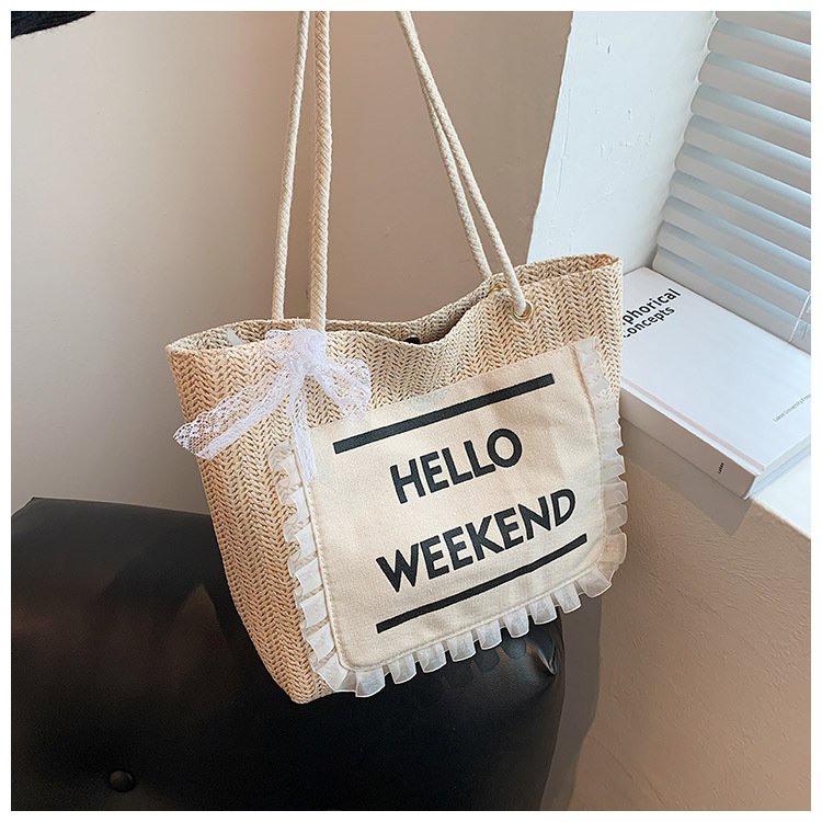 Túi cói Hello Weekend phối nơ ren trắng đeo vai mẫu mới 2023