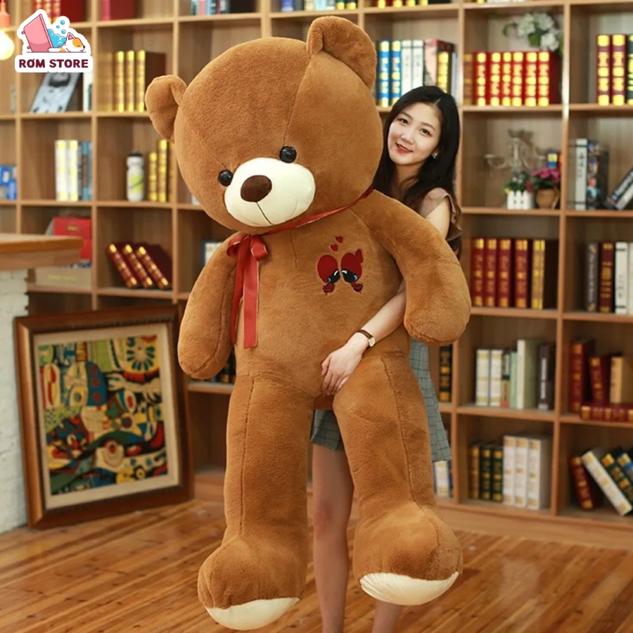 Gấu bông Teddy thắt nơ, thêu đôi tình nhân size 1m8 siêu to khổng lồ, gấu nhồi bông 4 màu dễ thương, đáng yêu Rơm Store