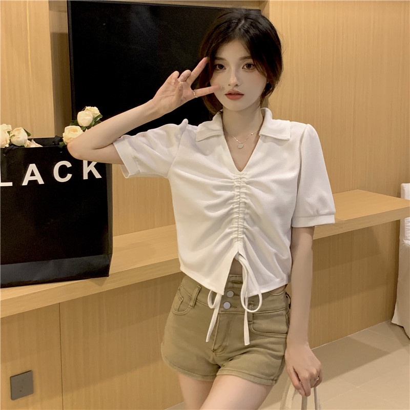 QADCOL  Áo Thun Tay Ngắn Cổ polo Màu Trắng Thời Trang Mùa Hè Cho Nữ