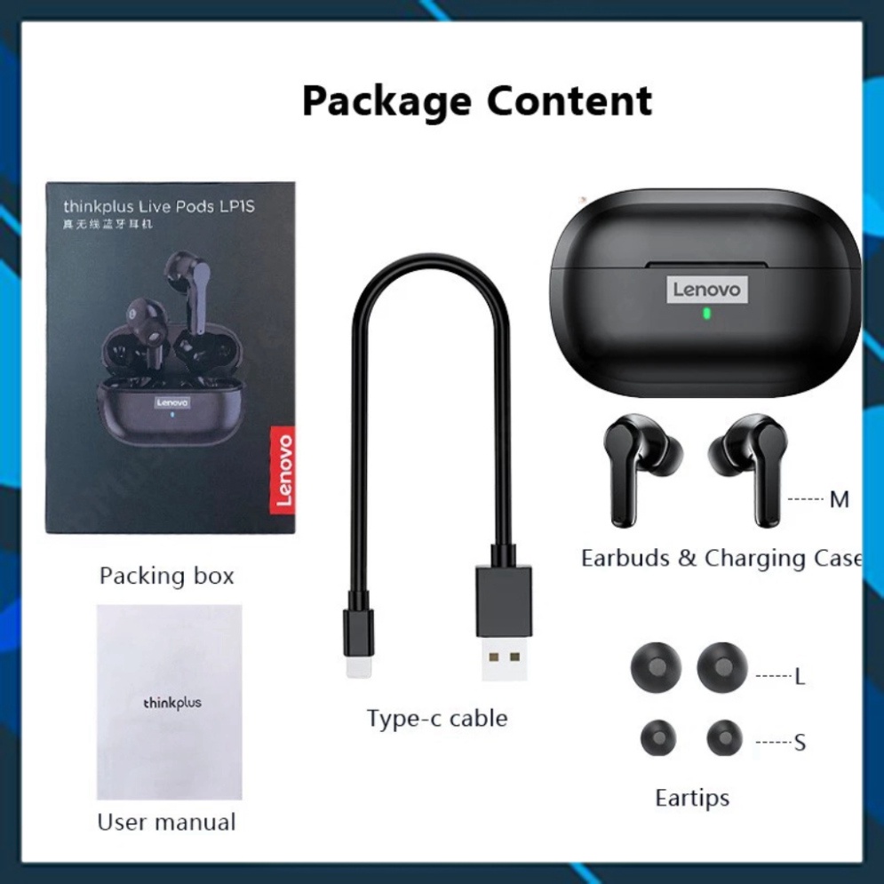 Nguyên bản Lenovo LP1S TWS Tai nghe Bluetooth 5.0Tai nghe thể thao chống thấm nước Giảm tiếng ồn với Mic tai nghe gaming