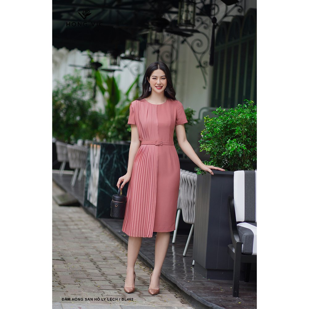 Đầm nữ thiết kế Hong Vic hồng san hô ly lệch DL462